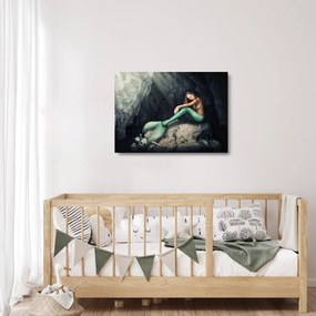 Sklenený obraz - Morská panna na skale (70x50 cm)