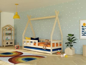 Nelakovaná detská teepee posteľ FENCE 4v1 90x200 cm z dreva s jednou zábranou a prístelkou