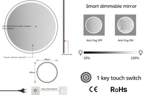 Erga Olivia, okrúhle LED zrkadlo 100cm, čierny kovový rám, 2300 lm, 6500K, predné osvetlenie, ERG-V01-202-1010-BK