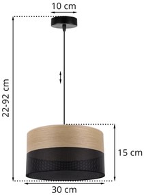 Závesné svietidlo Wood, 1x dýha zlatý dub/čierne PVC tienidlo, (fi 30cm)