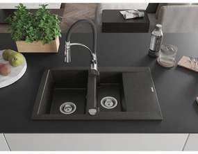 Mexen Gaspar, 1,5-komorový granitový drez 737x475x177 mm a drezová batéria Aster, čierna-zlatá metalíza, 6507-75-73450-07