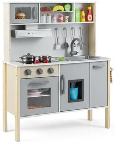 Drevená detská kuchynka vrátane 18 doplnkov, kuchynka na hranie s drezom a mikrovlnnou rúrou, sivá