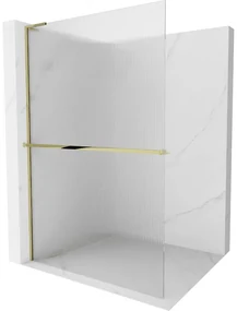 Mexen Kioto+ L, sprchová zástena Walk-In s poličkou a vešiakom 80 x 200 cm, 8mm sklo s rebrovým vzorom, zlatý lesklý profil,800-080-123-50-09
