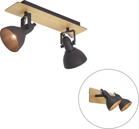 Stropný reflektor čierny s drevom 2-svetelný otočný a sklopný - Jakub