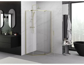 Mexen Exo, päťuholníkový výklopný sprchový kút 100 x 100 cm, číre sklo, zlatá, 812-100-100-50-00