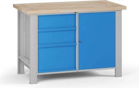 Dielenský pracovný stôl G7, buková škárovka, 1200 x 685 x 840 mm, 1x skrinka, 3 zásuvky, modrá