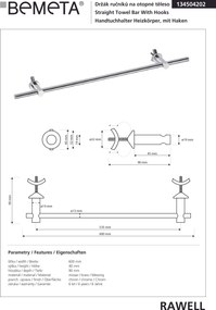 Bemeta Design RAWELL: Držiak uterákov na vykurovacie teleso, 535 mm, lesk - 134504202