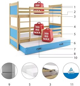 3-lôžková poschodová posteľ RICO so zásuvkou, prírodná/modrá