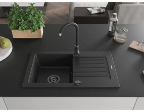 Mexen Pablo, granitový drez 752x436x161 mm, 1-komorový, čierna s čiernym sifónom, 6510751010-77-B
