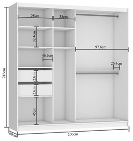 Šatníková skriňa 200 cm Belini čierny mat / šedý mat s posunými dverami zrkadlom a zásuvkami  ME SZP5/1/B/SR/0/KLP