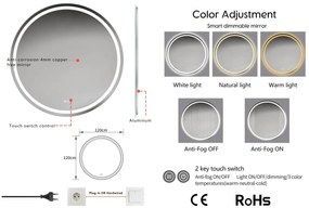 Erga Carla, okrúhle LED zrkadlo 120cm, 2760 lm, 3 farby svetla, ERG-V01-208-1212