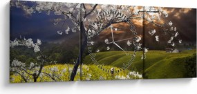 Obraz - Rozkvitnutý strom v krajine (s hodinami) (90x30 cm)