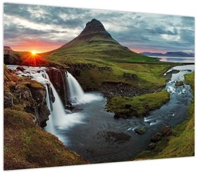 Sklenený obraz - Kirkjufell pri západe slnka (70x50 cm)