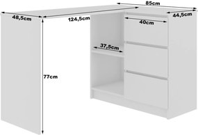 Rohový písací stôl B16 124 cm biely/světle šedý lesk pravý