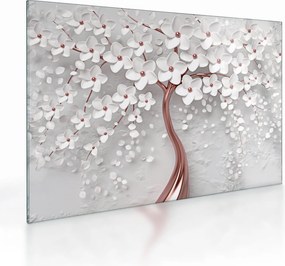 Sklenený obraz - Sklenený obraz bieleho stromu s kvetinami, rosegold (70x50 cm)