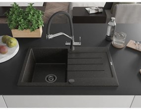 Mexen Bruno, 1-komorový granitový drez 795x495x200 mm a drezová batéria Duo, čierna-zlatá metalíza, 6513-75-671701-07-B