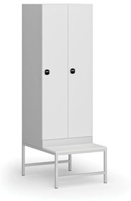 Šatníková skrinka s lavičkou, 2 oddiely, 1875 x 600 x 500/800 mm, zámok s čítačkou RFID kariet, laminované dvere, biela