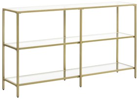 Sklenený konzolový stolík s 3 policami, kovový rám, zlatá farba