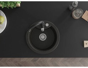 Mexen Diego, 1-komorový granitový drez 488x488x167 mm a drezová batéria Savita, čierna-zlatá metalíza, 6512-75-672601-70