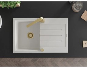 Mexen Bruno, drez granitový 795x495x200 mm, 1-komorový, biela so zlatým sifónom a zlatá drezová batéria Rita, 6513-20-670300-50