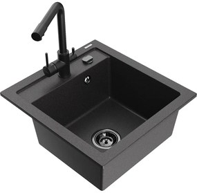 Mexen Vito, 1-komorový granitový drez 520x490x210 mm, čierna matná batéria Duero, čierna škvrnitá, 6503-76-671600-70-B