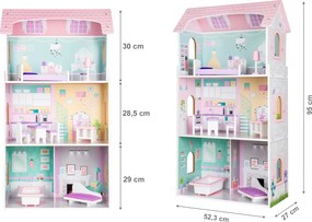 Drevený domček pre bábiky ECOTOYS – Rezidencia Jagodová, 3 poschodia, 8 ks nábytku