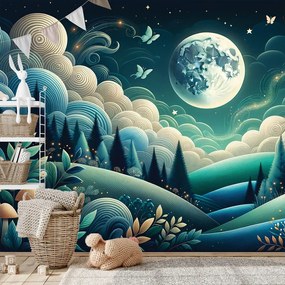 Tapeta nočná rozprávková krajina a lietajúce motýle