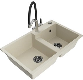 Mexen Tomas, 2-komorový granitový drez 800x500x190 mm a kuchynská batéria Duo, béžová, 6516-69-671701-07-B