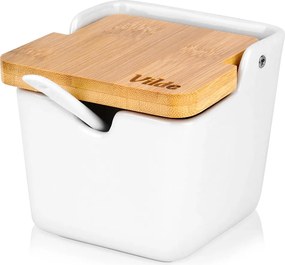 VILDE 2. akosť - Hranatá keramická cukornička /soľnička s bambusovým viečkom a lyžičkou, 250ml VILDE, biela