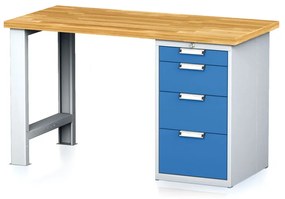 Dielenský pracovný stôl MECHANIC I, pevná noha + dielenský box na náradie, 4 zásuvky, 1500 x 685 x 880 mm, modré dvere