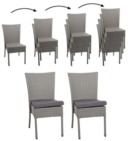 Set 2 záhradných stoličiek HWC-G19, polyratan, stohovateľná - sivá, vankúše tmavosivá