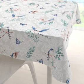 Biante Bavlnený štvorcový obrus Sandra SA-471 Lastovičky s motýlikmi na svetlo sivom ornamente 80x80 cm