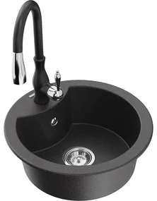 Mexen Diego, 1-komorový granitový drez 488x488x167 mm a drezová batéria Savita, čierna škvrtnitá, 6512-76-672601-70