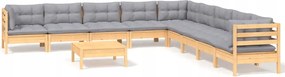 vidaXL 10-dielna sedacia súprava do záhrady, sivé vankúše, borovica