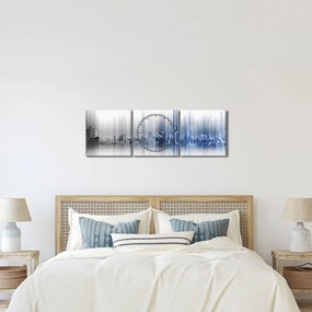 Obraz - Panoráma mesta, modro-šedé (s hodinami) (90x30 cm)