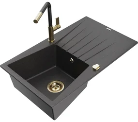 Mexen Cesar, 1-komorový granitový drez 775x470x190 mm a drezová batéria Flora, čierna škvrnitá, 6514-76-670401-75-G