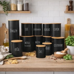 Orion Sada 12ks plechových dóz na potraviny, čierne, slovenské názvy, s bambusovým vekom SADA SK