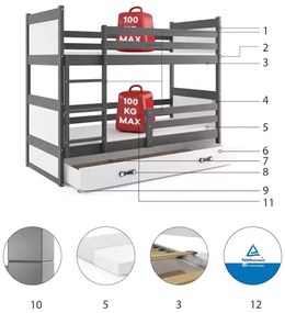 Poschodová detská posteľ RICO GRAFIT 90x200 cm