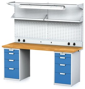 Alfa 3 Dielenský stôl MECHANIC I + 2x závesný box, nadstavba, polica, el. zásuvky a osvetlenie , 8 zásuviek, 2000x685x880 mm, modré dvere