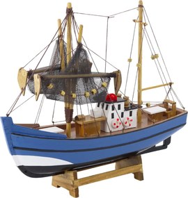 LEAN Toys Zberateľský model dekoratívneho rybárskeho plavidla modrej farby 30x26cm