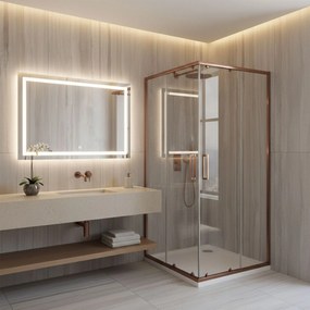 Rea City, sprchový kút s posuvnými dverami 90×90 cm + biela sprchová vanička Savoy, medená matná, REA-K6984