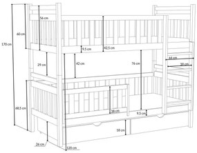 Detská poschodová posteľ z masívu borovice KAREL so šuplíkmi - 200x90 cm - PRÍRODNÁ BOROVICA