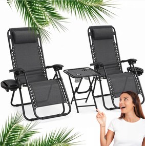 Set 2 polohovateľných záhradných lehátok so stolíkom - sivý