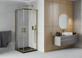 Mexen Rio, štvorcový sprchovací kút s posuvnými dverami 70 (dvere) x 70 (dvere) x 190 cm, 5mm číre sklo, zlatý profil + čierna sprchová vanička SLIM so zlatým sifónom, 860-070-070-50-00-4070G