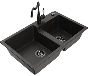 Mexen Tomas, granitový drez 800x500x190 mm, 2-komorový a drezová batéria Carla, čierna-zlatá metalíza, 6516-75-670700-70-B