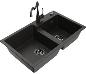 Mexen Tomas, granitový drez 800x500x190 mm, 2-komorový a drezová batéria Carla, čierna-zlatá metalíza, 6516-75-670700-70-B