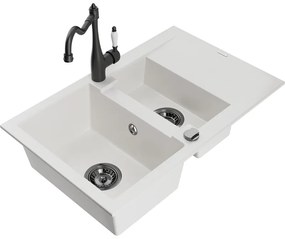 Mexen Gaspar, granitový drez 752x436x161 mm, 1,5-komorový a drezová batéria Carla, biela, 6507-20-670700-70