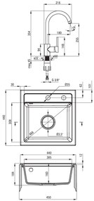 Deante Zorba, granitový drez 440x440x184 mm B/O, 3,5" + priestorovo úsporný sifón, 1-komorový + Nemezja batéria, grafitová, ZQZA2103