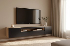 Závesná RTV skrinka Loftia 200 cm dvojdverová s výklenkom - artisan / čierny mat