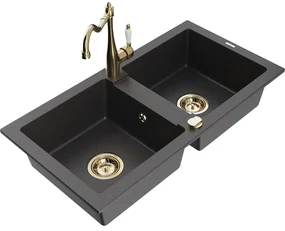 Mexen Mario, granitový drez 820x436x161 mm, 2-komorový a drezová batéria Carla, čierna škvrnitá, 6504-76-670700-50